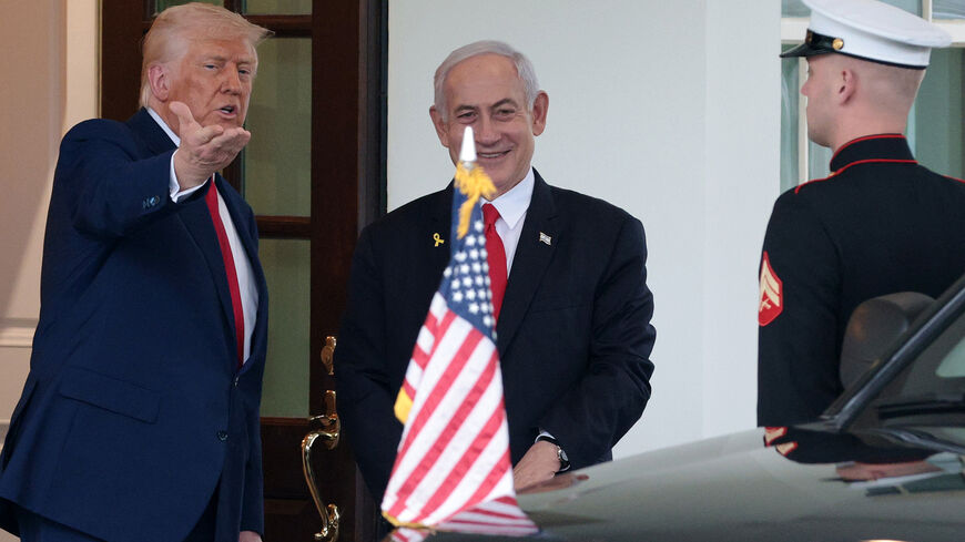 WASHINGTON, DC - APRIL 07: U.S. President Donald Trump bids farewell to Israeli Prime Minister Benjamin Netanyahu as he leaves the White House after a meeting on April 07, 2025 in Washington, DC. President Trump was meeting with Netanyahu to discuss ongoing efforts to release Israeli hostages from Gaza and newly imposed U.S. tariffs. (Photo by Alex Wong/Getty Images)